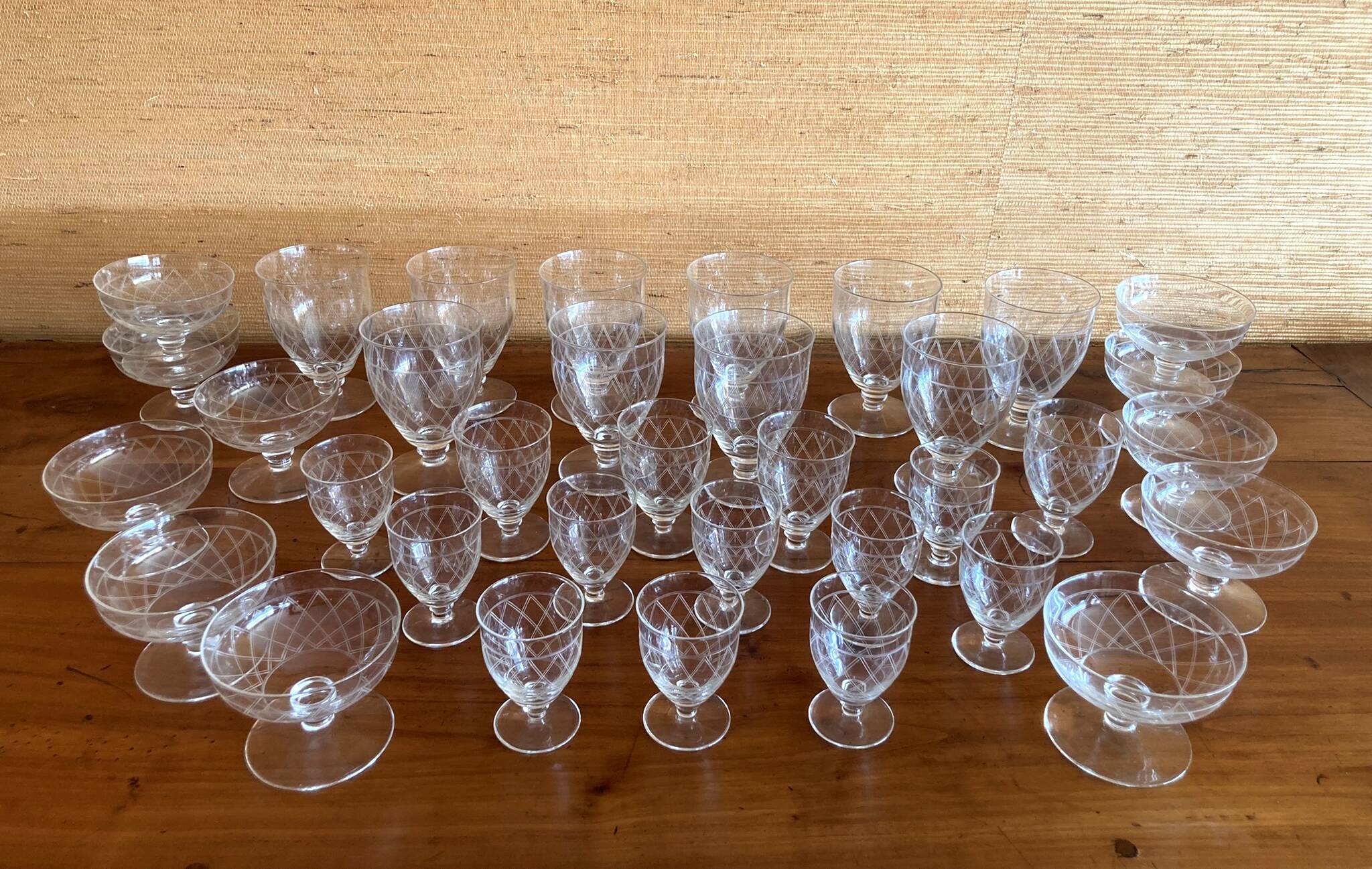 Art deco part of service of glasses and carafes 37 pieces circa 1940
