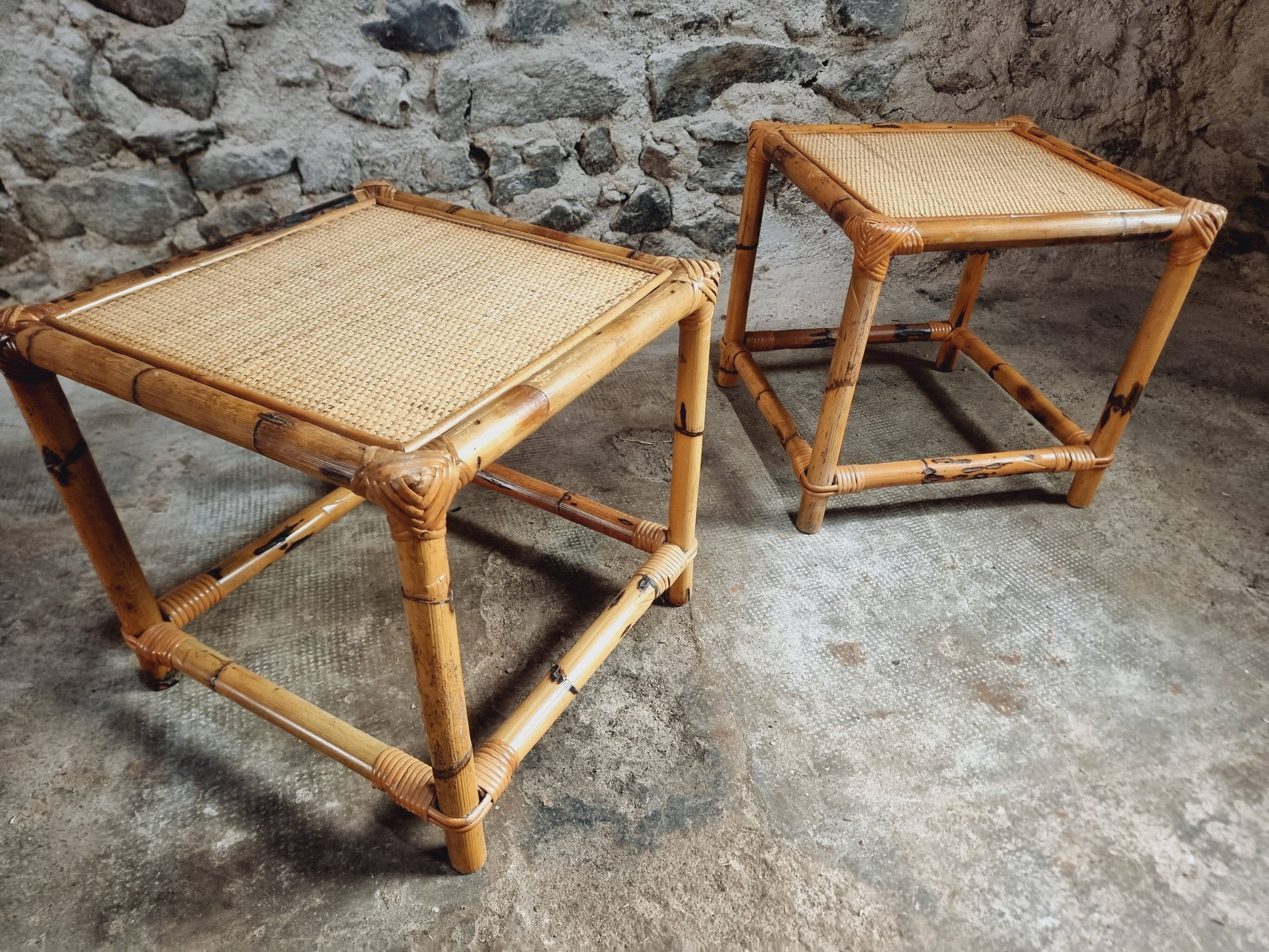 Vintage bamboo and rattan side tables – France, 1970s