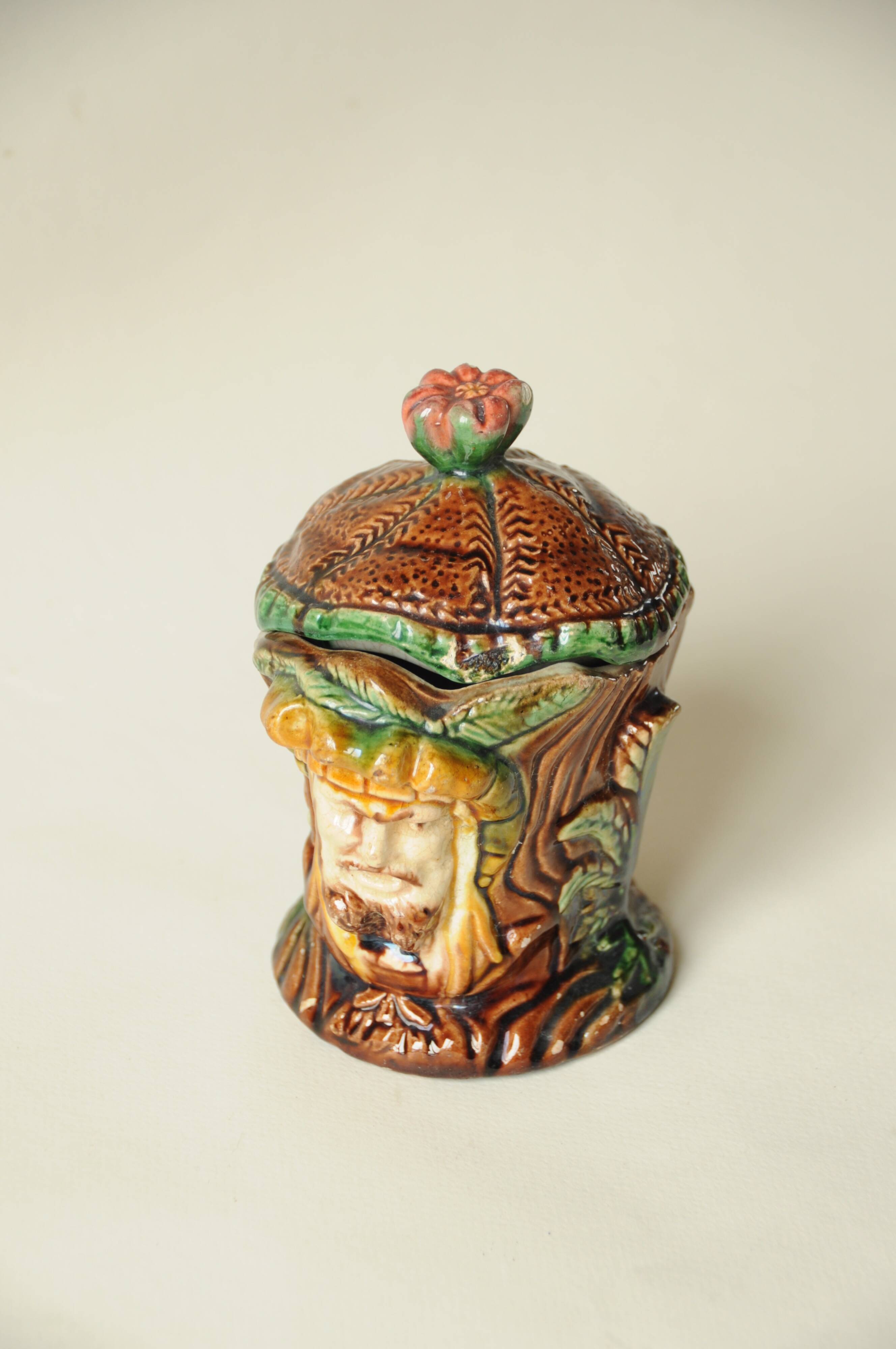 Old Tobacco Pot Janiform Head - Majolica Barbotine 19th Century - Medieval Style