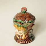 Old Tobacco Pot Janiform Head - Majolica Barbotine 19th Century - Medieval Style