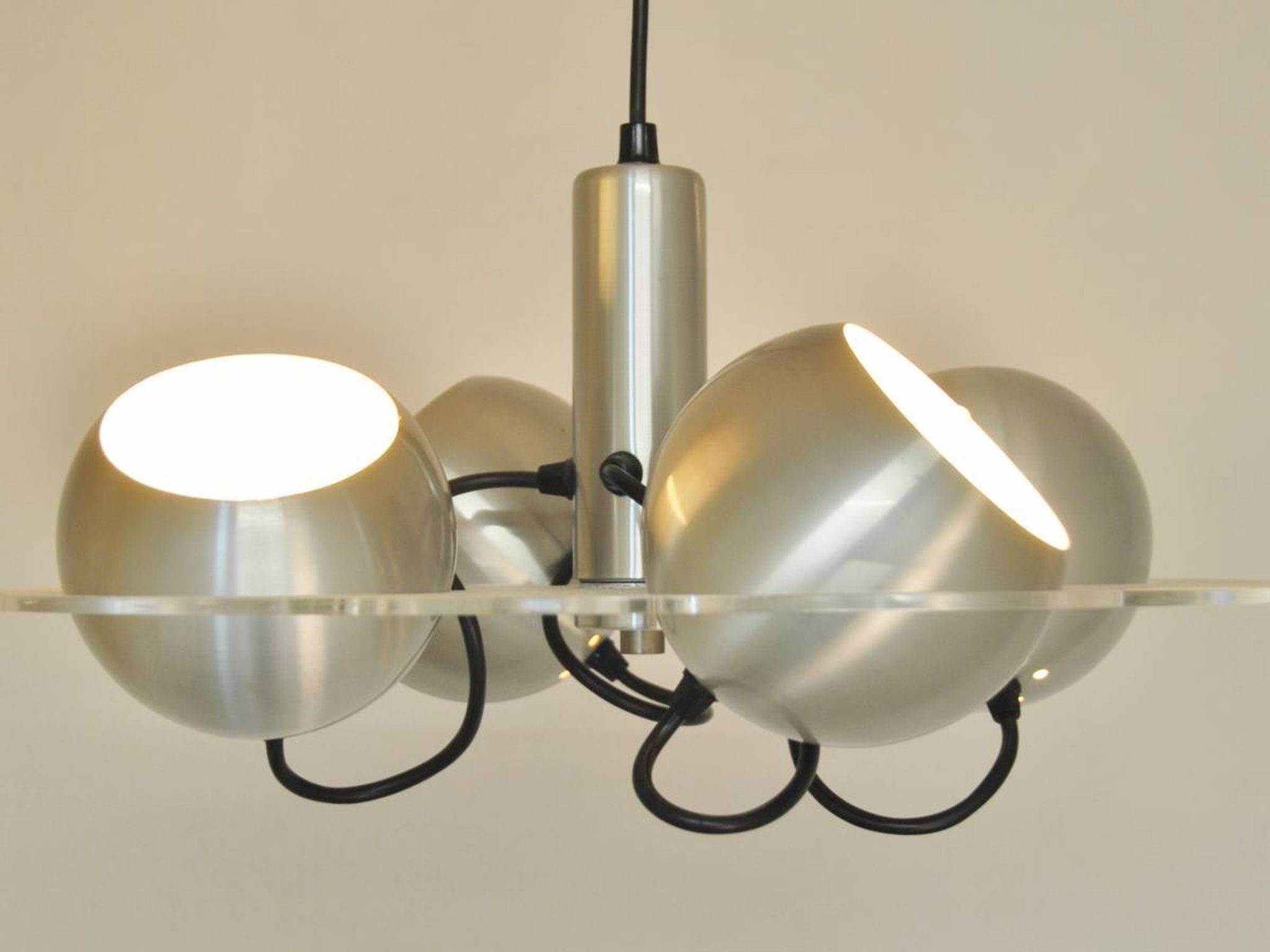 Space age pendant lamp with acrylic plate and 4 aluminum spots, 1970's