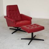 Red Faux Leather Swivel Chair and Footrest by Up Zavody 1970