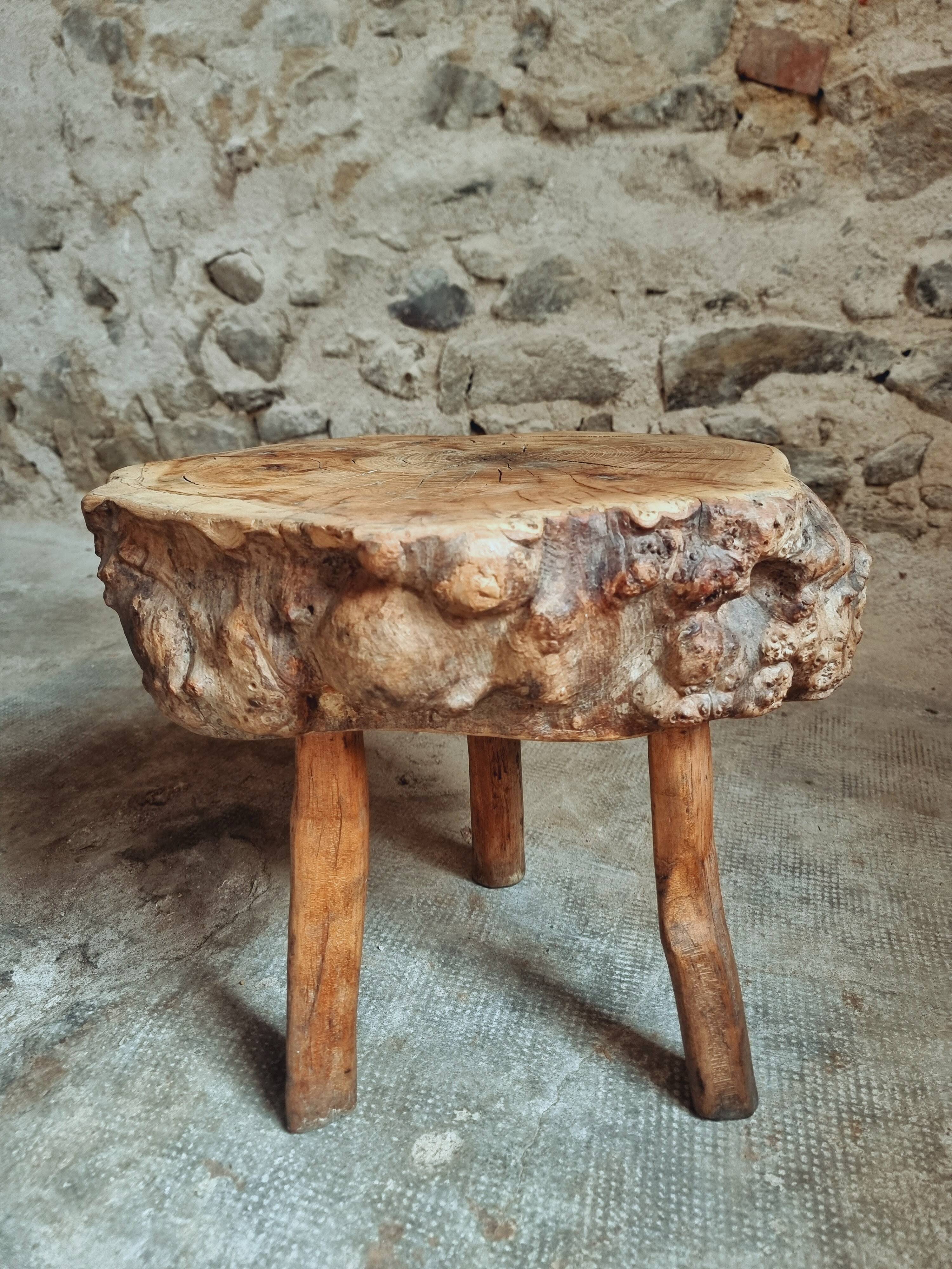 Brutalist stool in solid cherry wood – France circa 1900