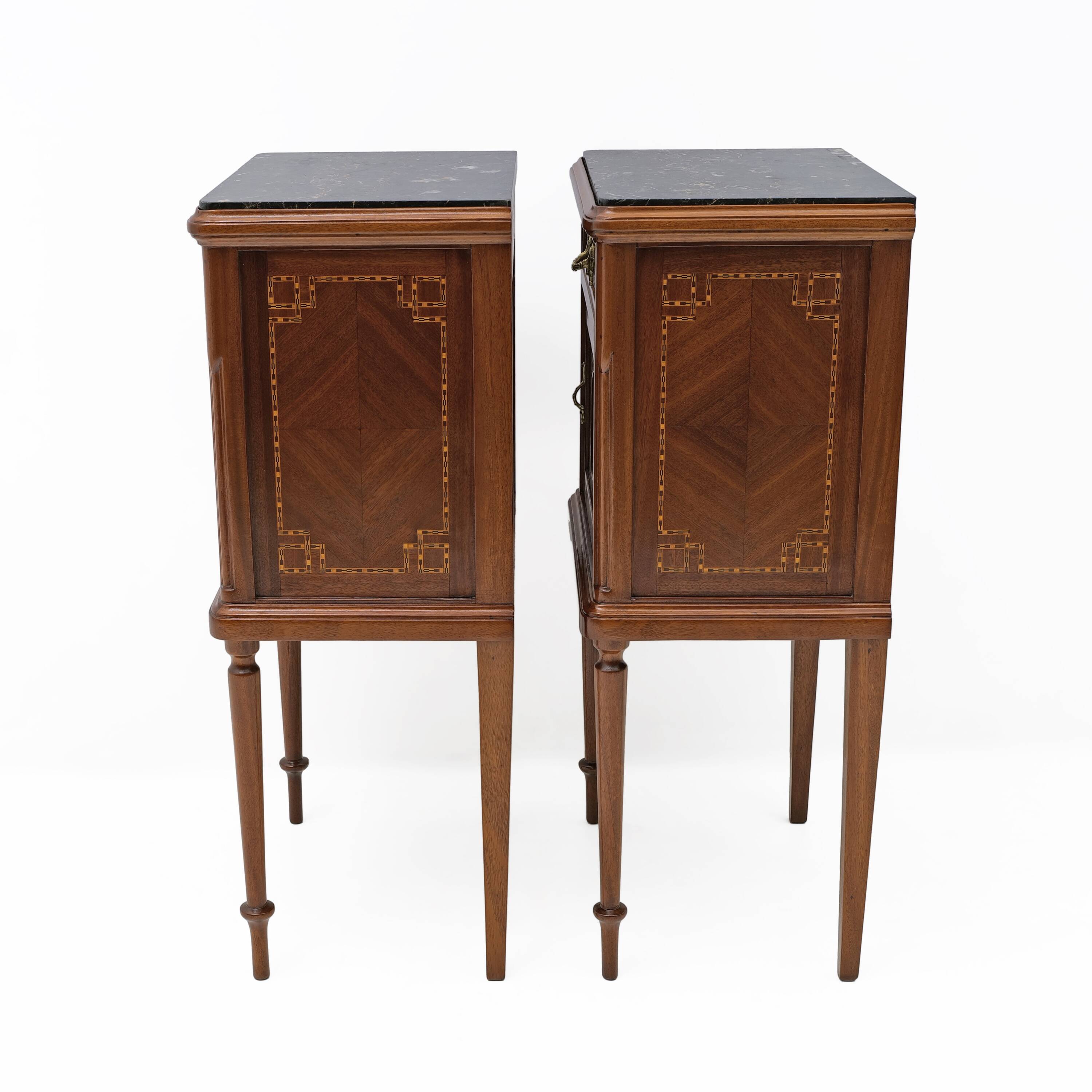 Pair of Louis XVI Style Bedside Tables with Inlays and Marble Top, Italy, 1