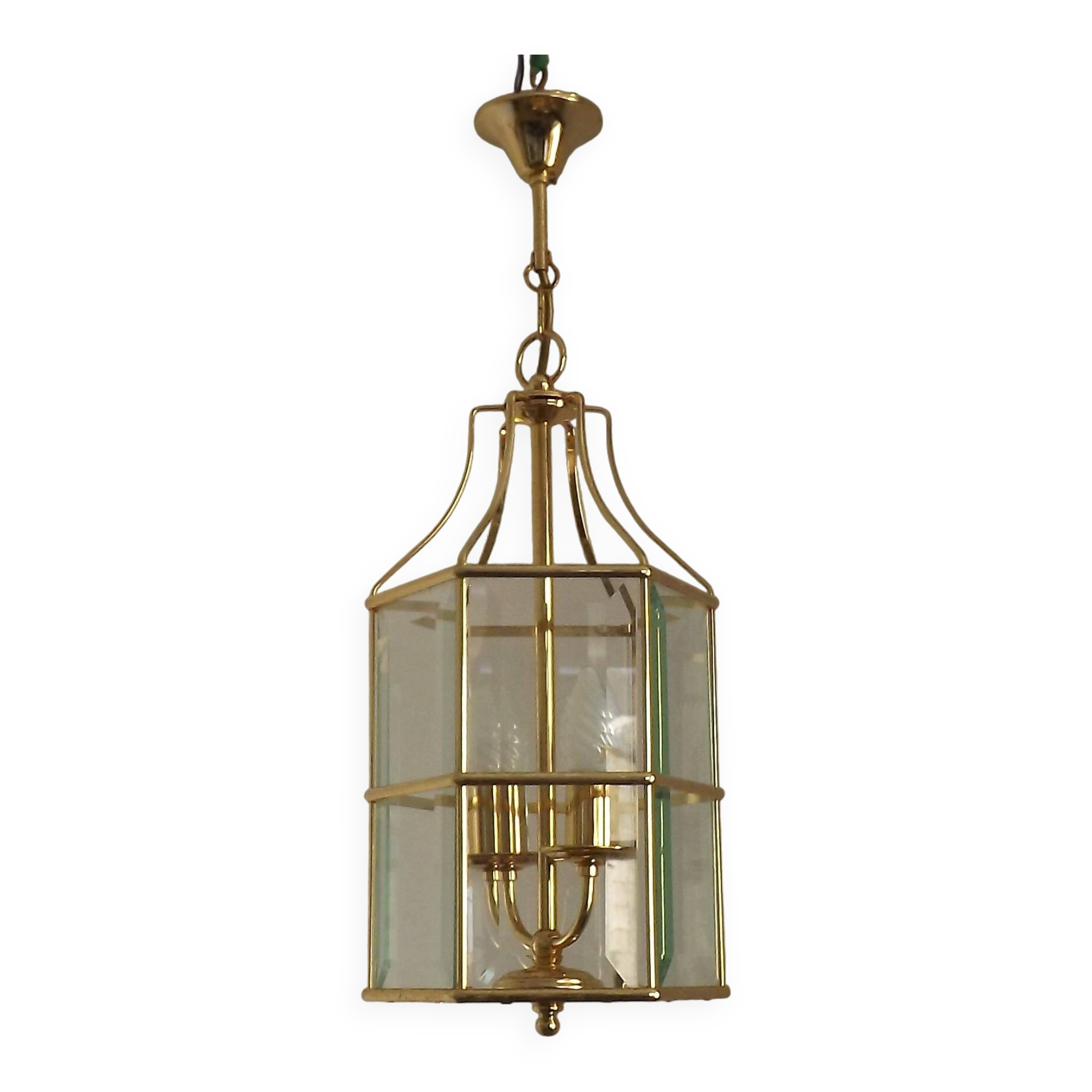 French Vintage 2 Light Hexagonal Gold Metal & Beveled Glass Hanging Light