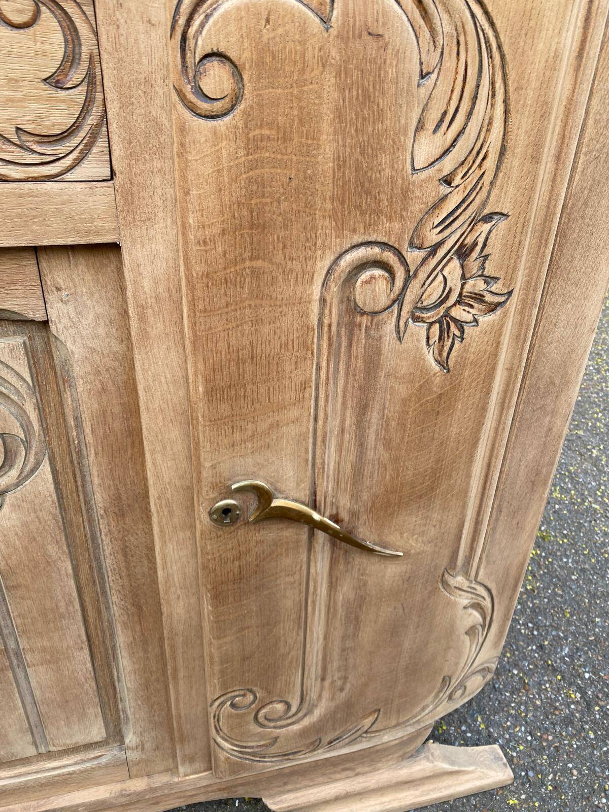 Buffet parisien art déco vintage rénové en bois massif et marbre gris 150cm