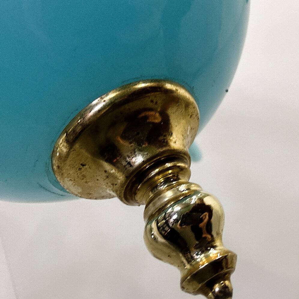 Statement French blue opaline glass chandelier with brass accents, 1960s