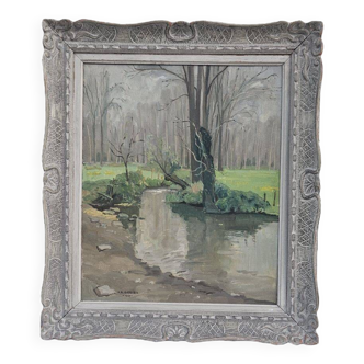 A. Greig - Huile Sur Panneau d'Isorel Sur La Rive D'une Riviere 1951