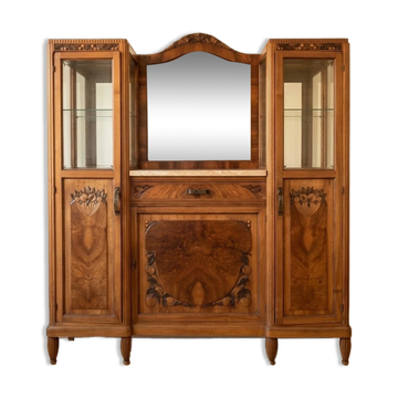 Art Deco display cabinet in walnut and burl, marble top and bevelled mirror, 1930s.