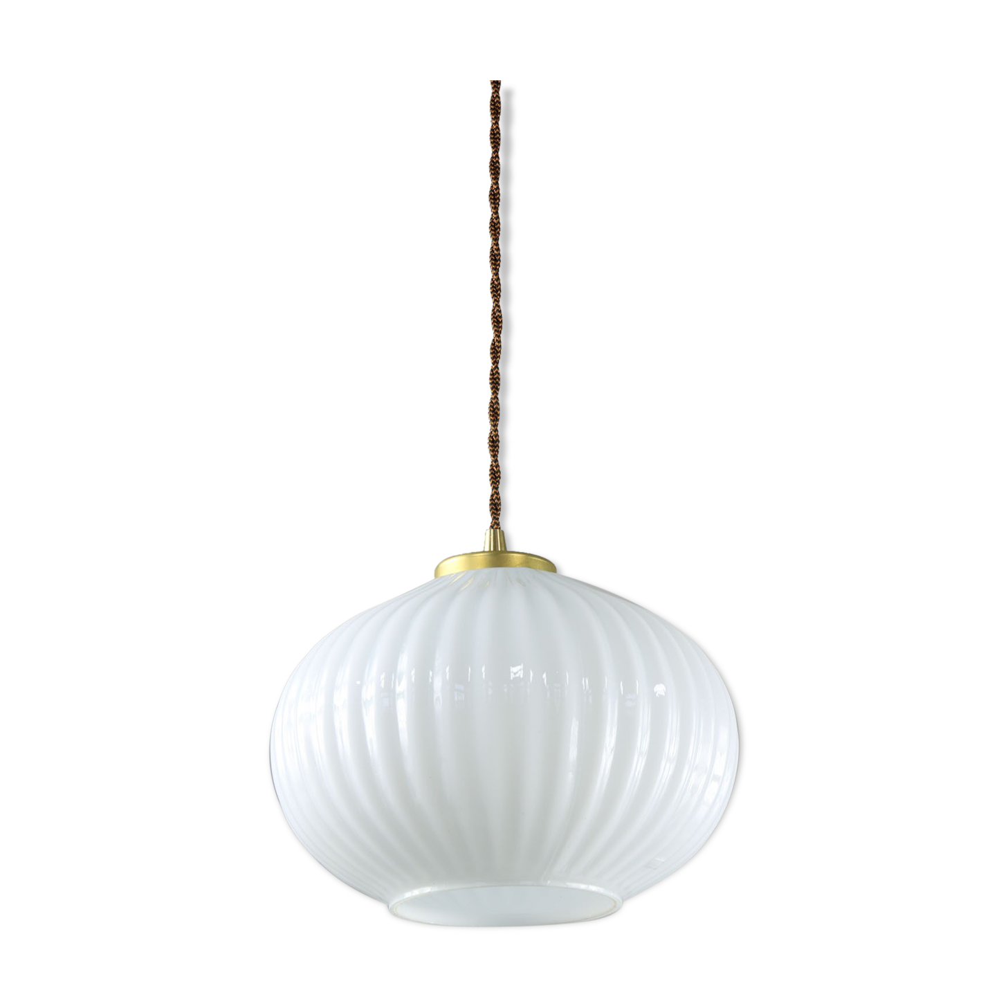 Suspension vintage en verre opalin & laiton