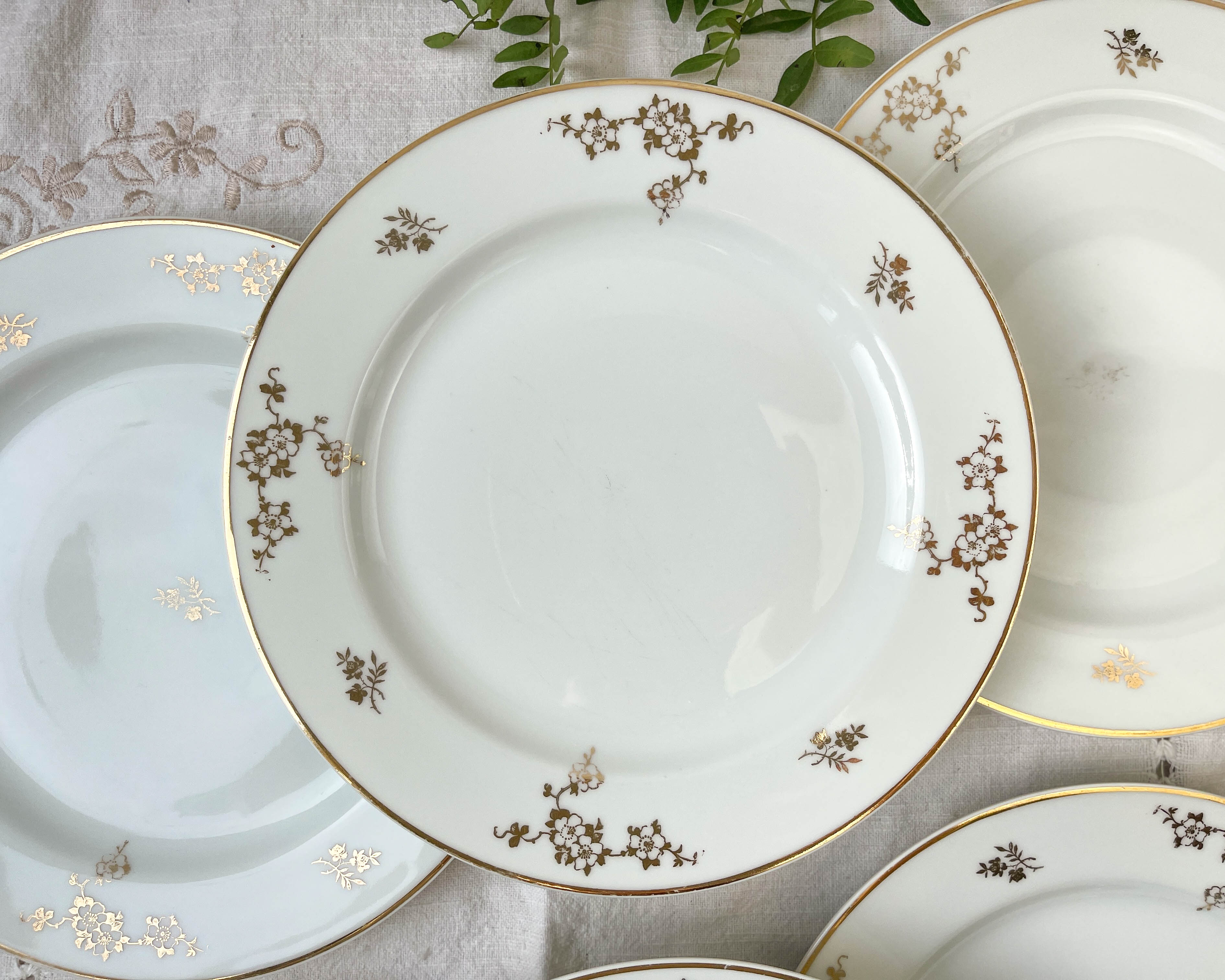 6 flat plates porcelain Limoges golden white