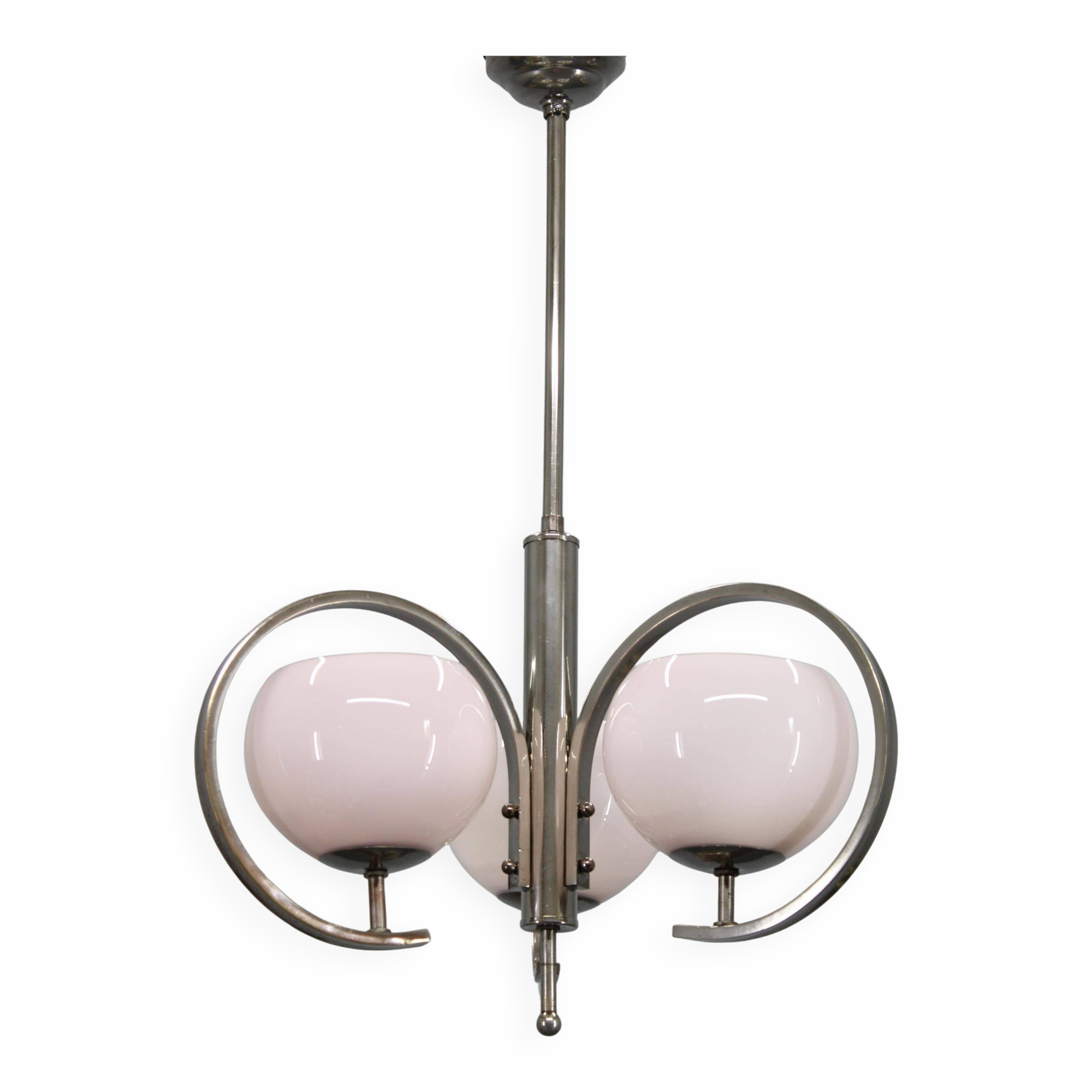 Art Deco nickel chandelier with light-pink opaline shades, Czechoslovakia, 1930s
