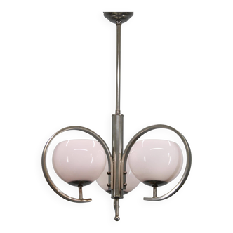 Art Deco nickel chandelier with light-pink opaline shades, Czechoslovakia, 1930s