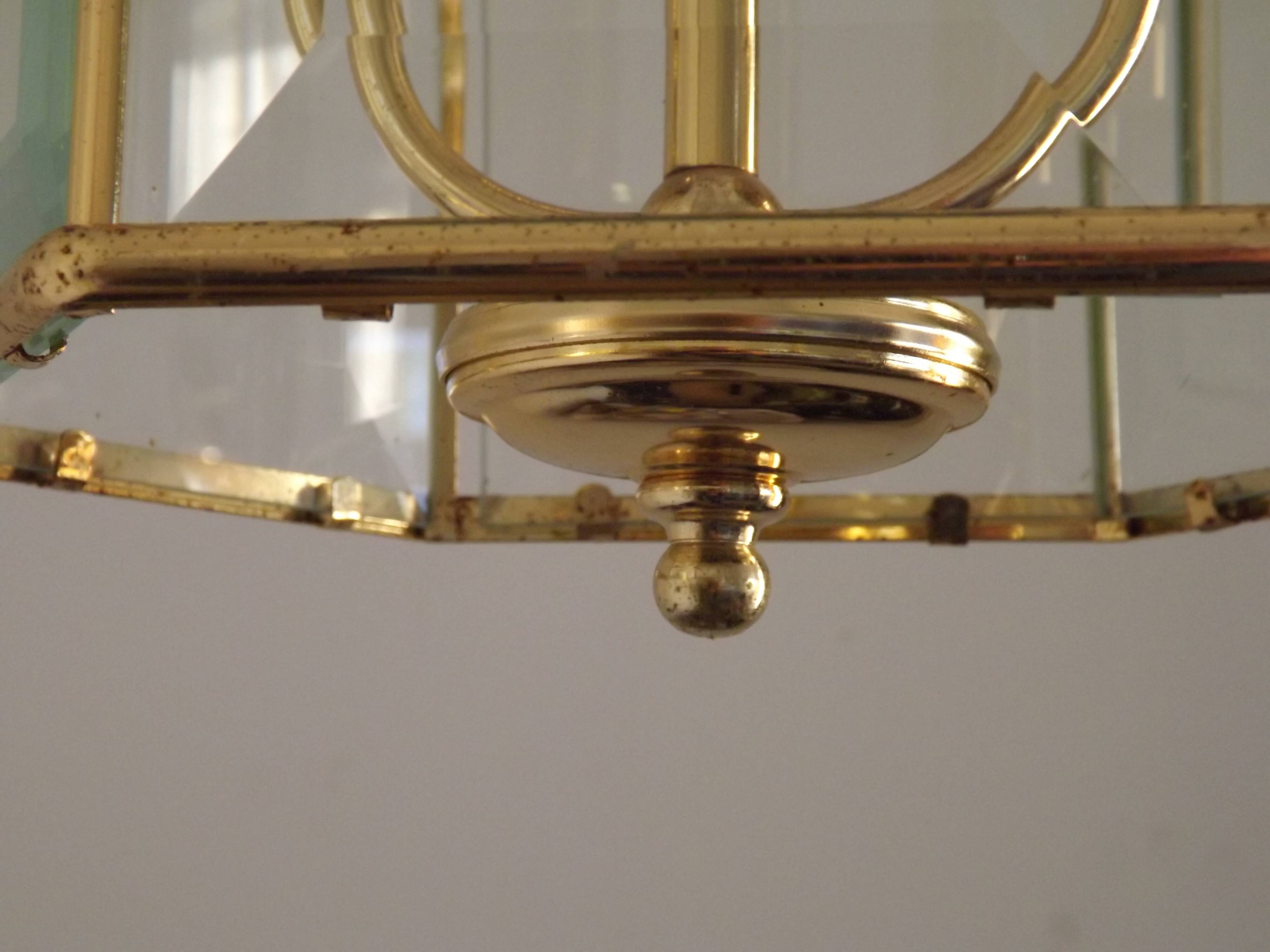 French Vintage 2 Light Hexagonal Gold Metal & Beveled Glass Hanging Light