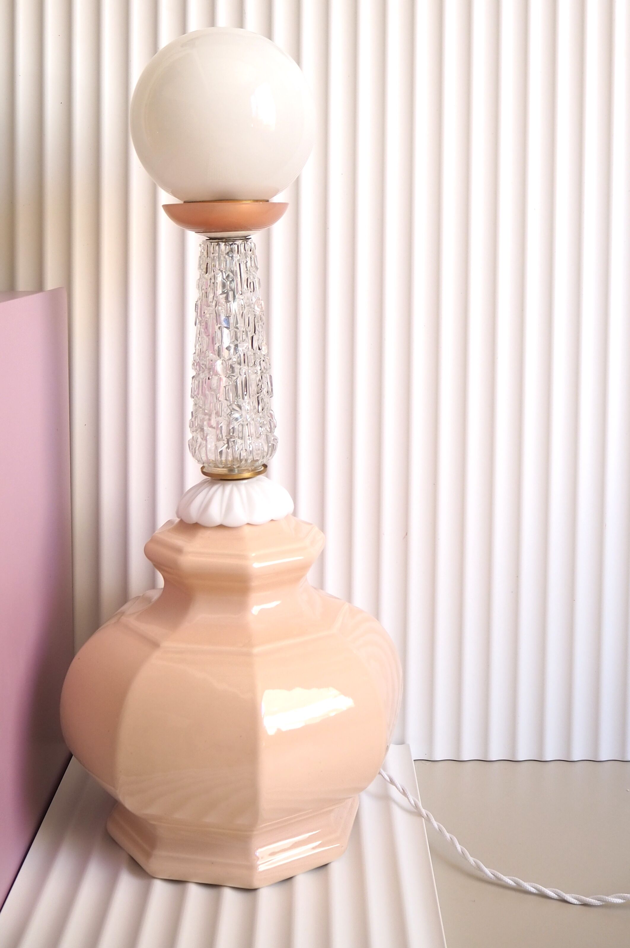 Table lamp pink opal, glass and brass