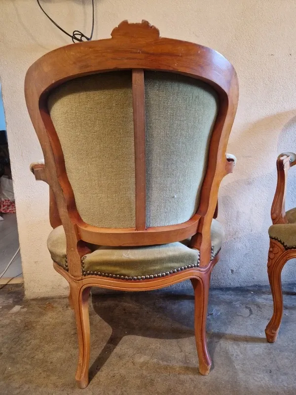 Pair of Louis XV style armchairs in cherry wood, upholstered in green velvet.