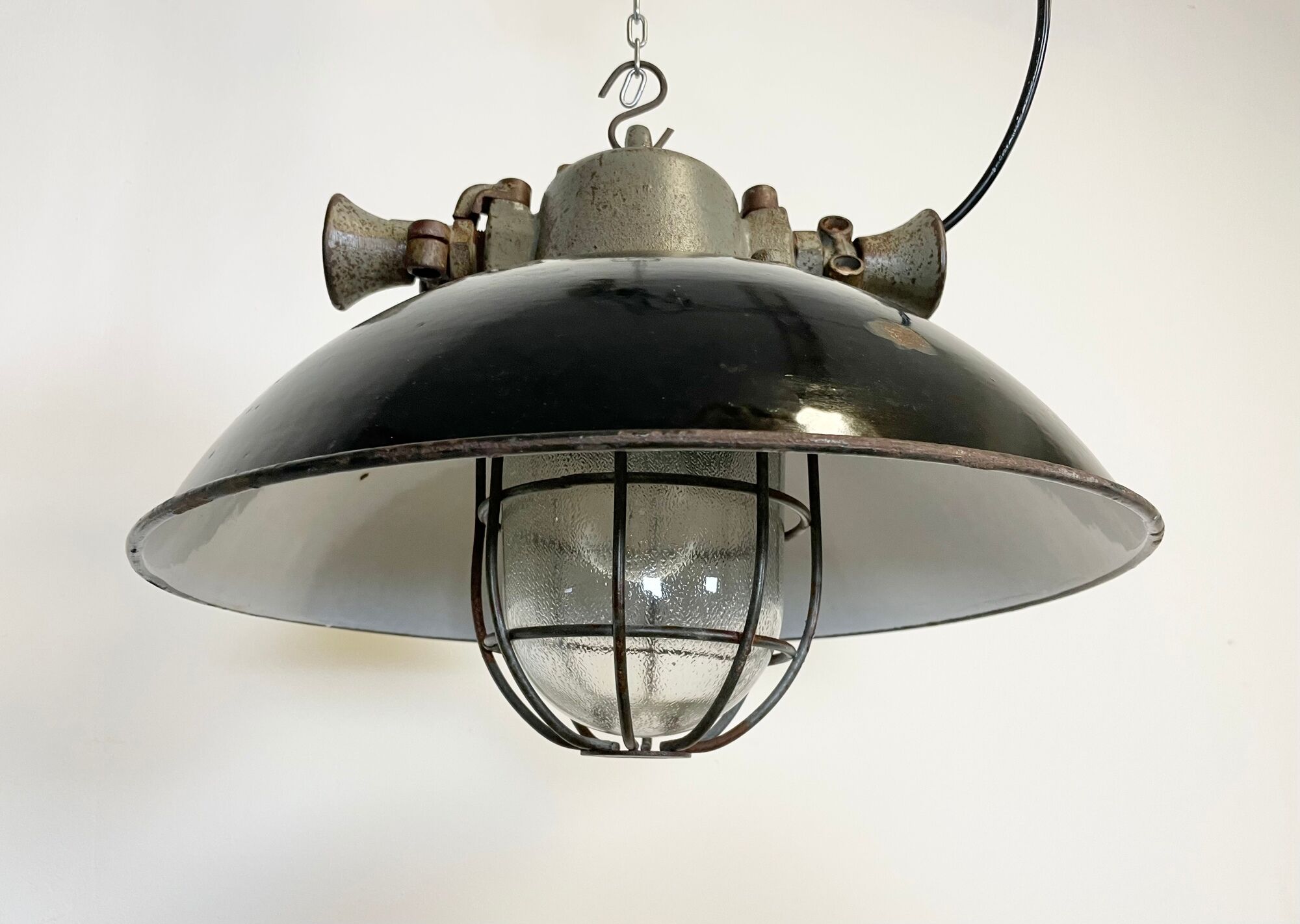Black Enamel and Cast Iron Industrial Cage Pendant Light, 1950s