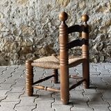Rustic oak and straw chair, France 1940s
