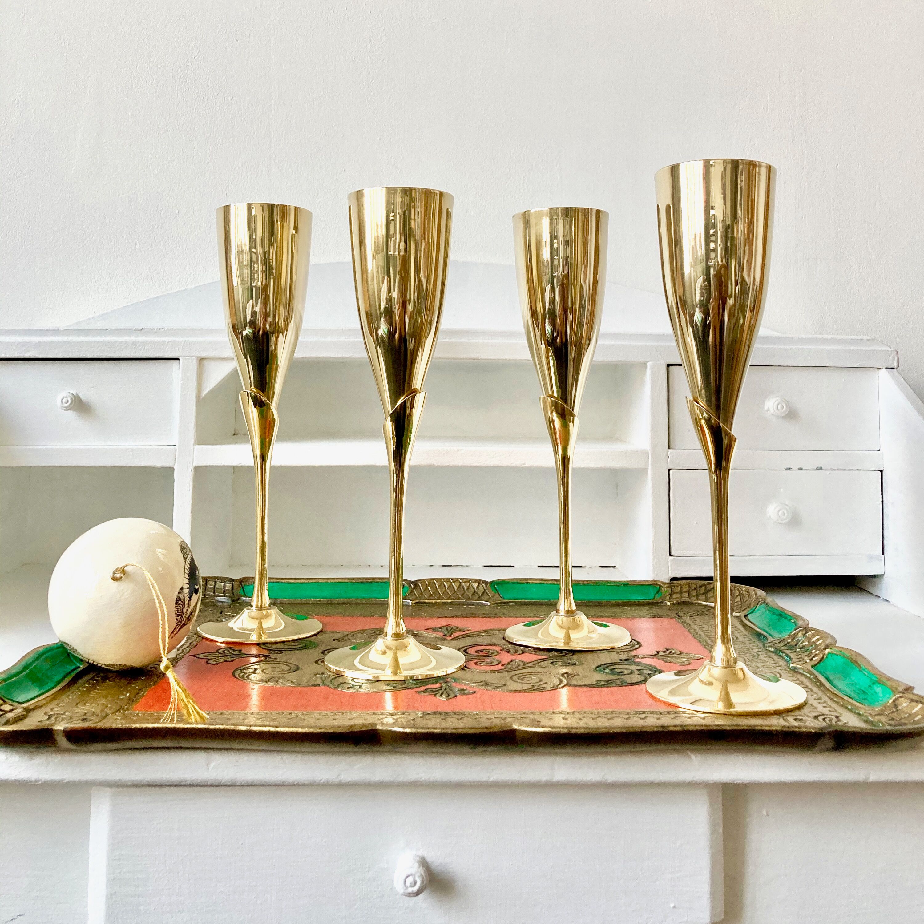 4 brass champagne flutes
