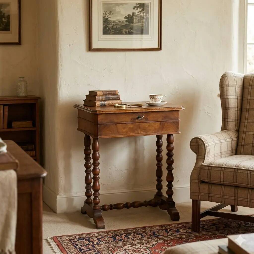 Antique sewing table in walnut and cherry wood, 19th century.