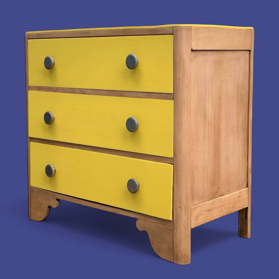Commode art déco jaune poudré et bois brut