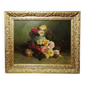 Large old painting in oil on canvas, bouquet of roses, signed, circa 1890-1910.