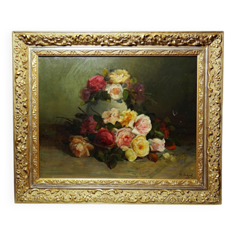 Large old painting in oil on canvas, bouquet of roses, signed, circa 1890-1910.