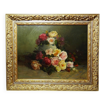 Grand tableau ancien huile sur toile, bouquet de roses, signé, vers 1890-1910