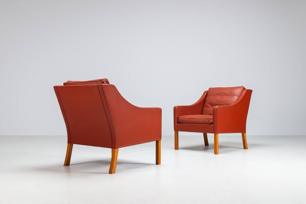 Borge Mogensen cognac leather lounge chairs Fredericia Stolefabrik Denmark 1963