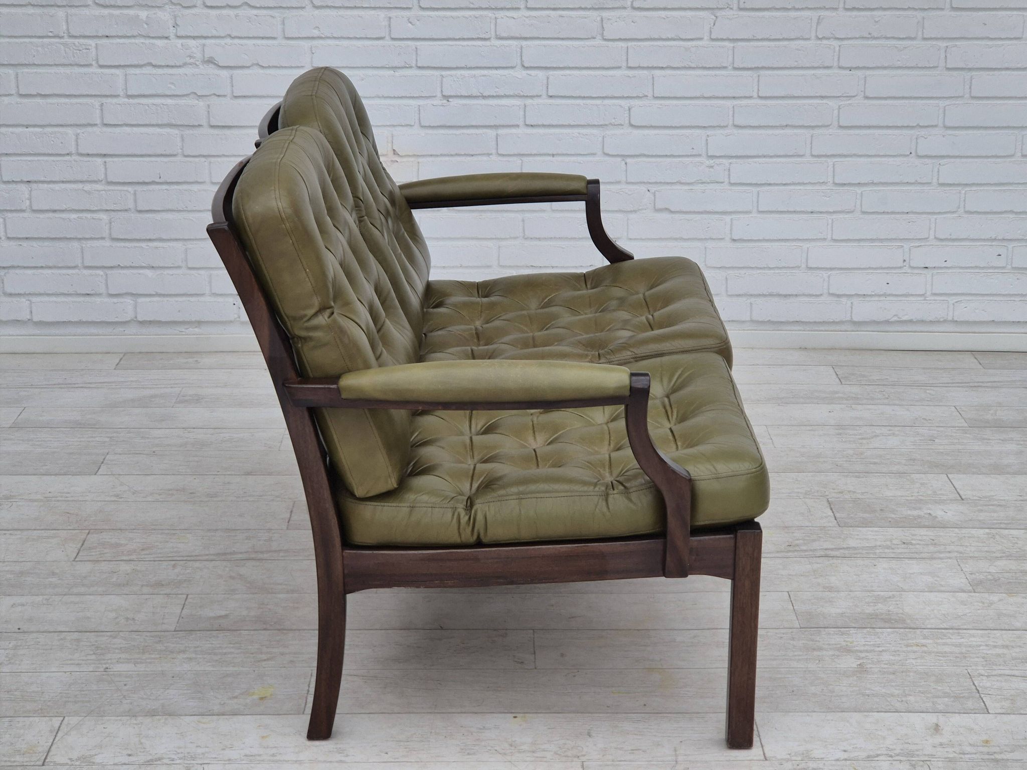 1970s, Scandinavian 2 seater sofa in original condition, green furniture leather, solid teak wood.