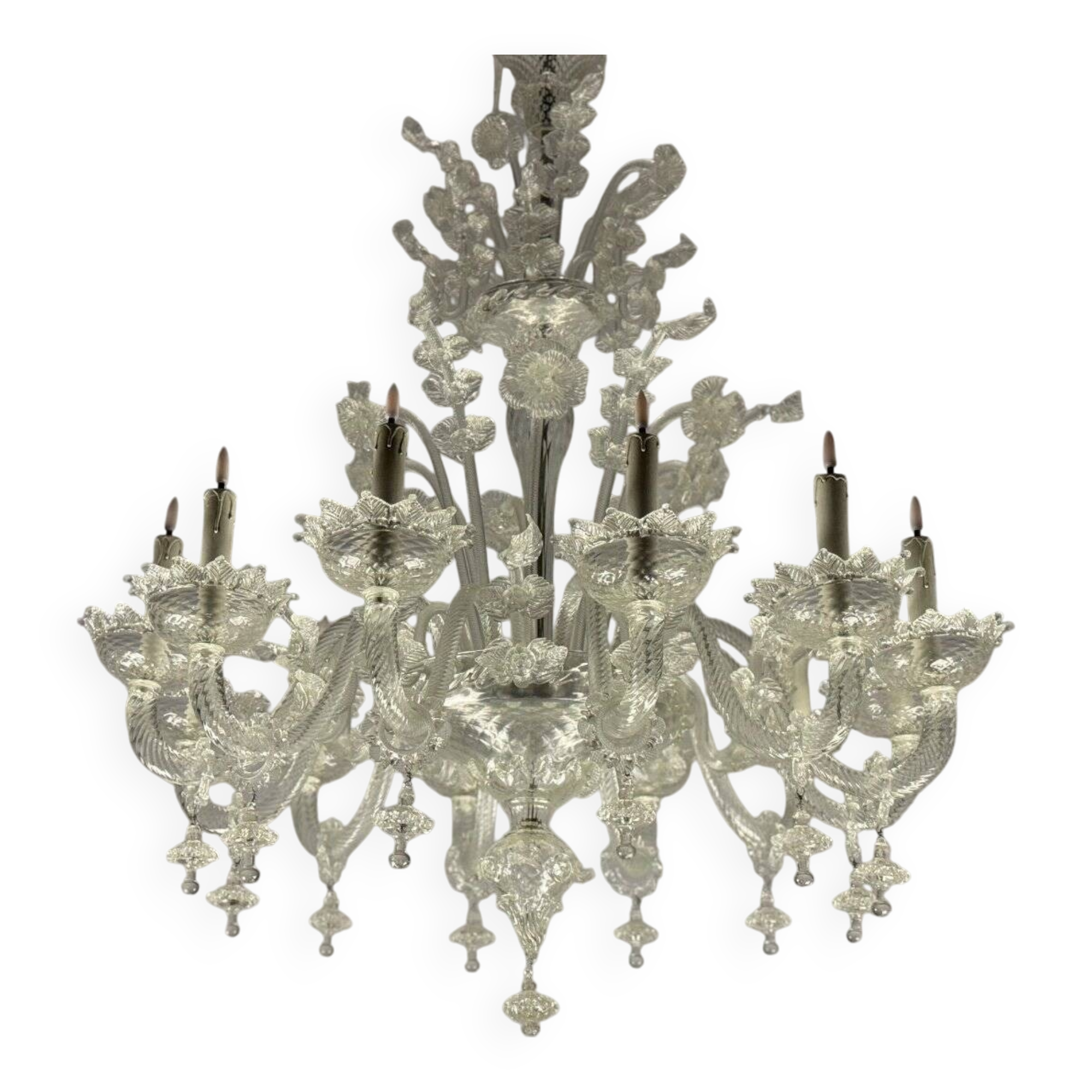 Venetian chandelier in colorless murano glass, 12 light arms, circa 1900