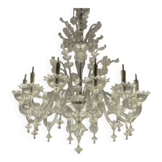 Venetian chandelier in colorless murano glass, 12 light arms, circa 1900