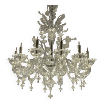 Venetian chandelier in colorless murano glass, 12 light arms, circa 1900