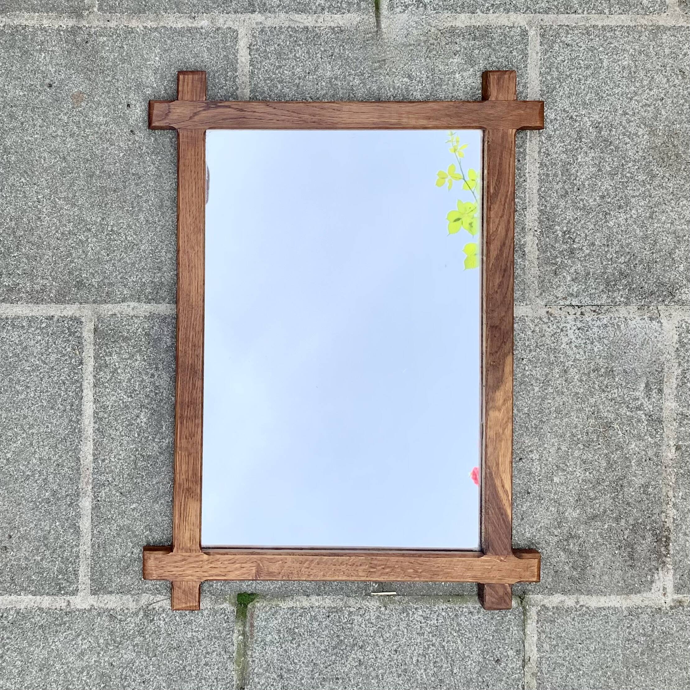Vintage brutalist mirror with solid wood frame