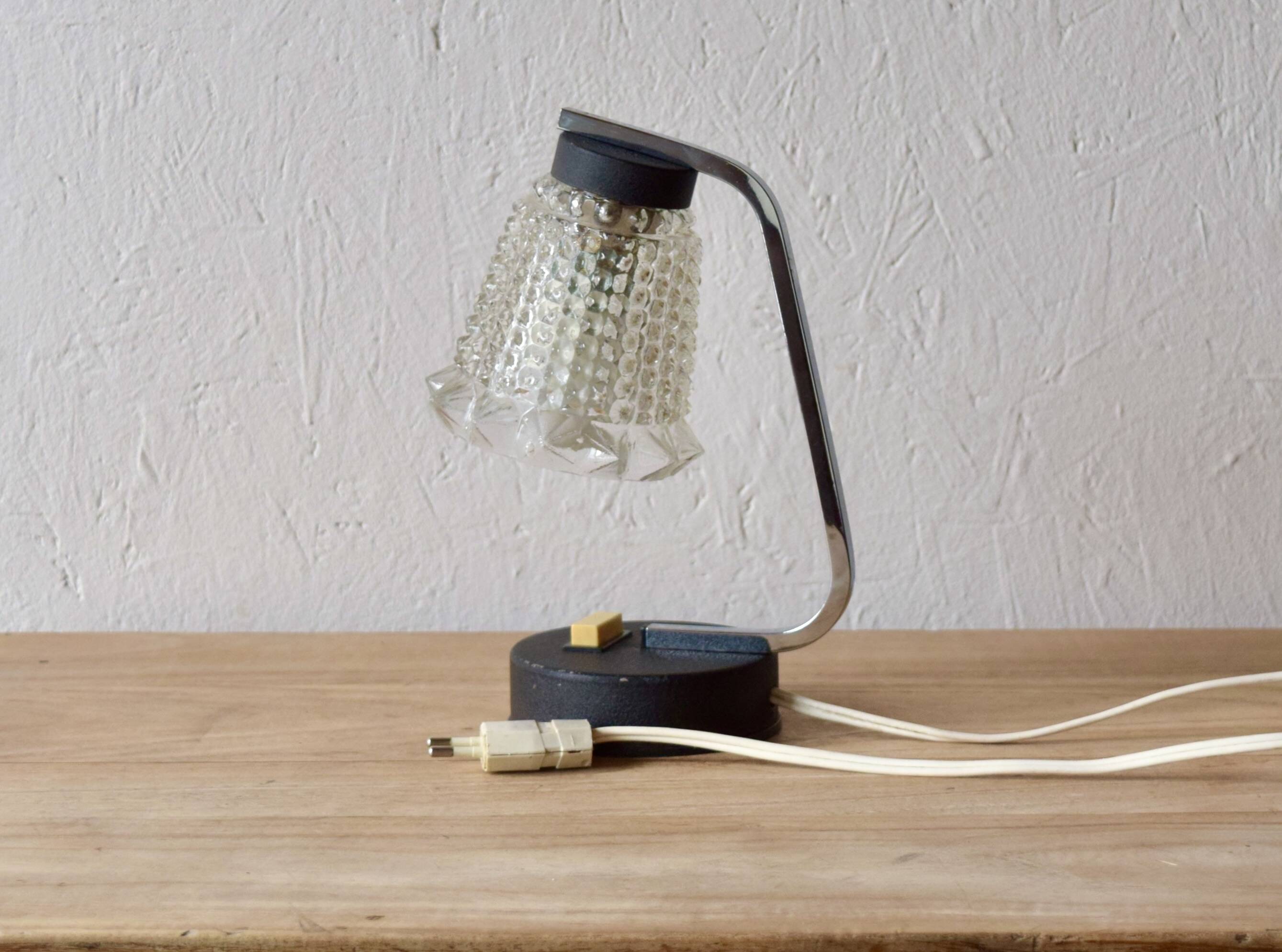 Small vintage bedside lamp in molded glass, chrome metal and steel - 1950s