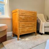 Vintage chest of drawers with tapered legs, solid raw oak, 1960.