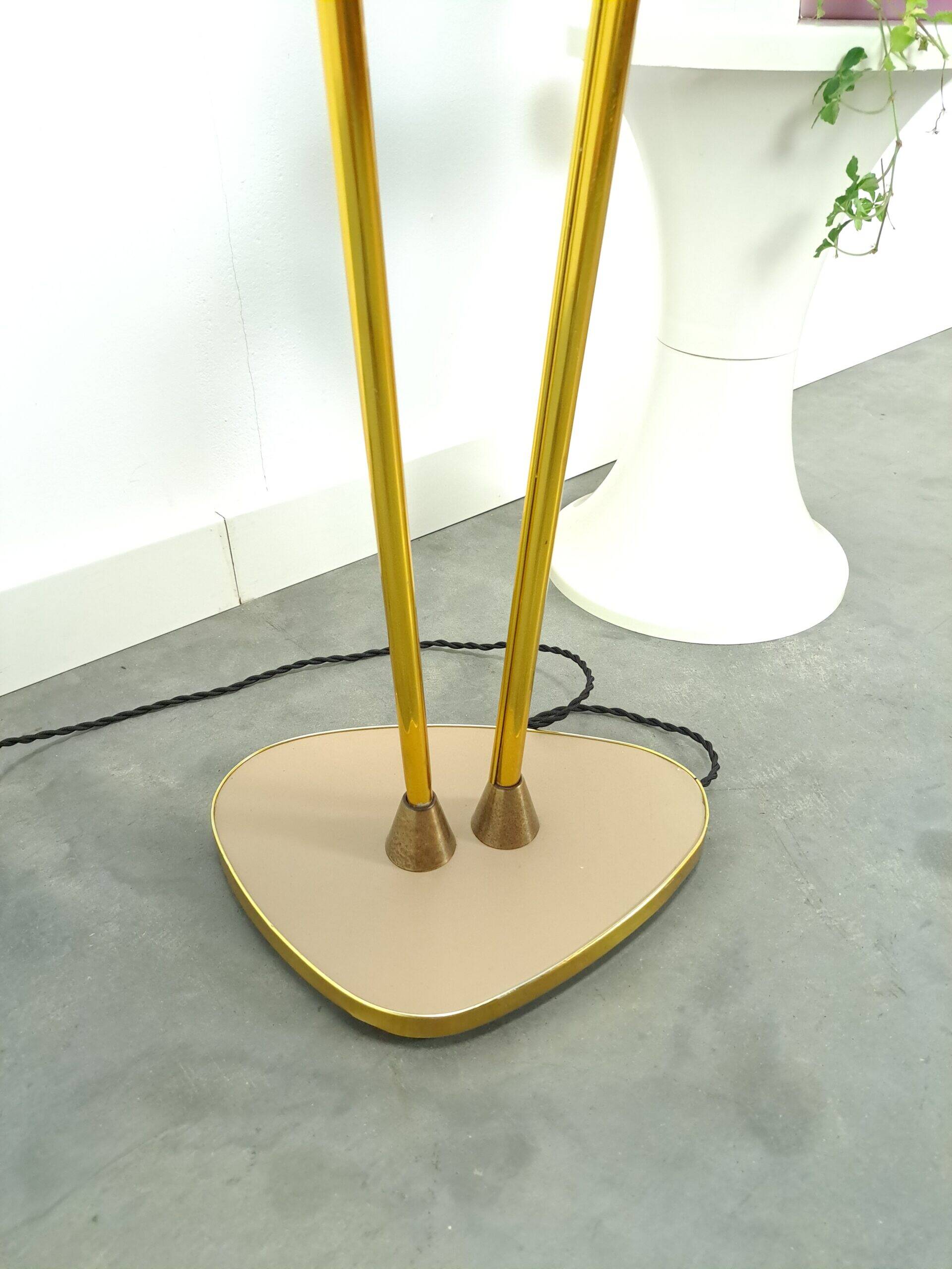 1950s floor lamp with pink and green shade and gold-coloured legs