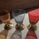 6 iridescent colored crystal liqueur glasses with gold stems / art-deco