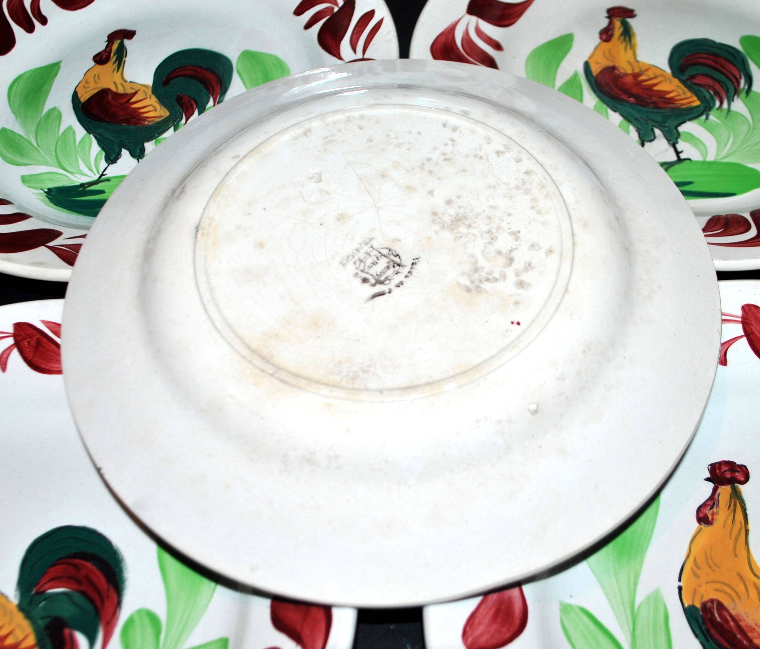 Set of 6 hand-painted Choisy-Le-Roi earthenware COQ plates