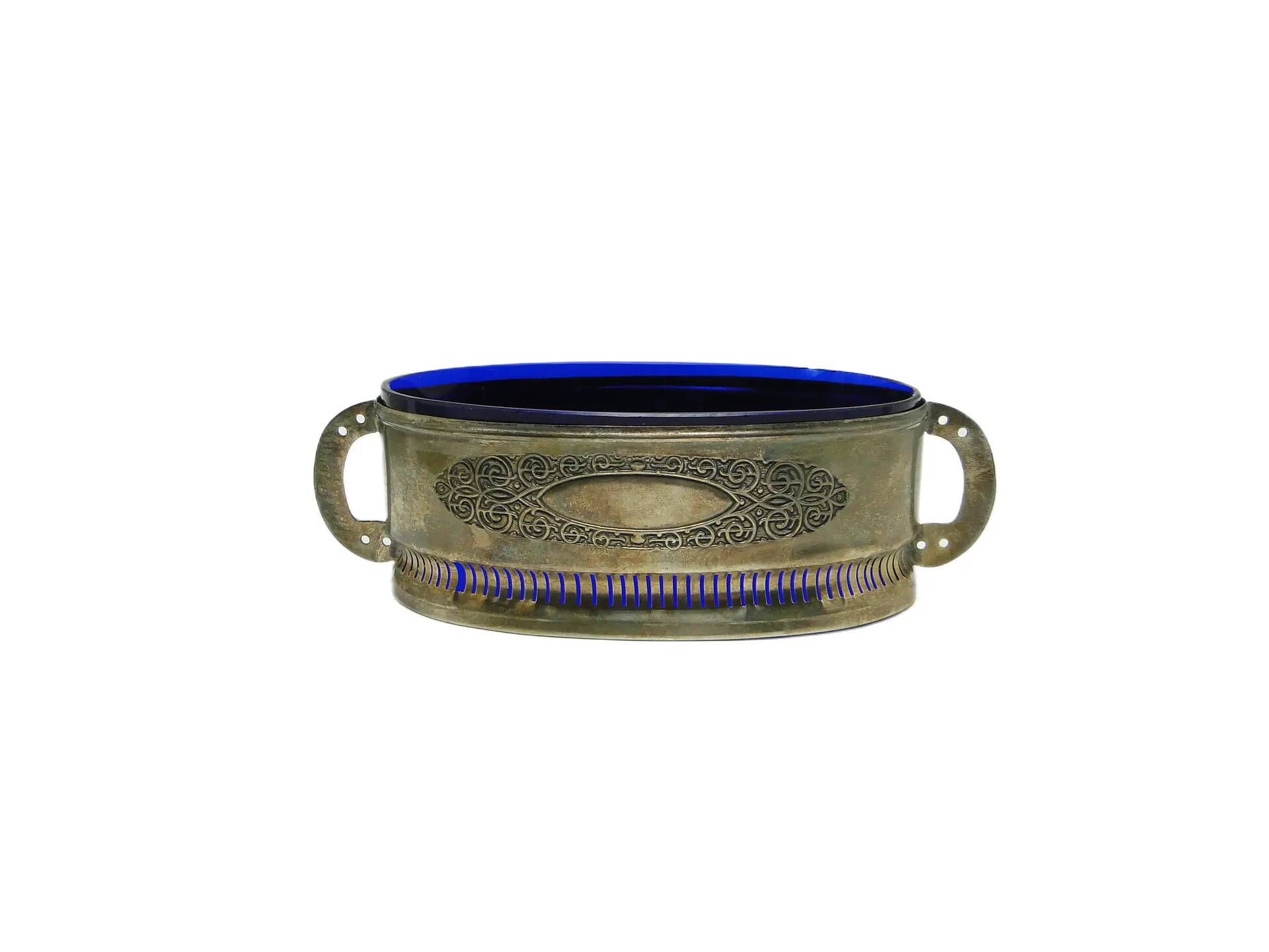 Art Nouveau jardiniere, silver-plated brass, cobalt glass, United Kingdom, 1960s.
