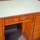 Wooden desk with curtains and sliding drawers, storage unit, vintage desk