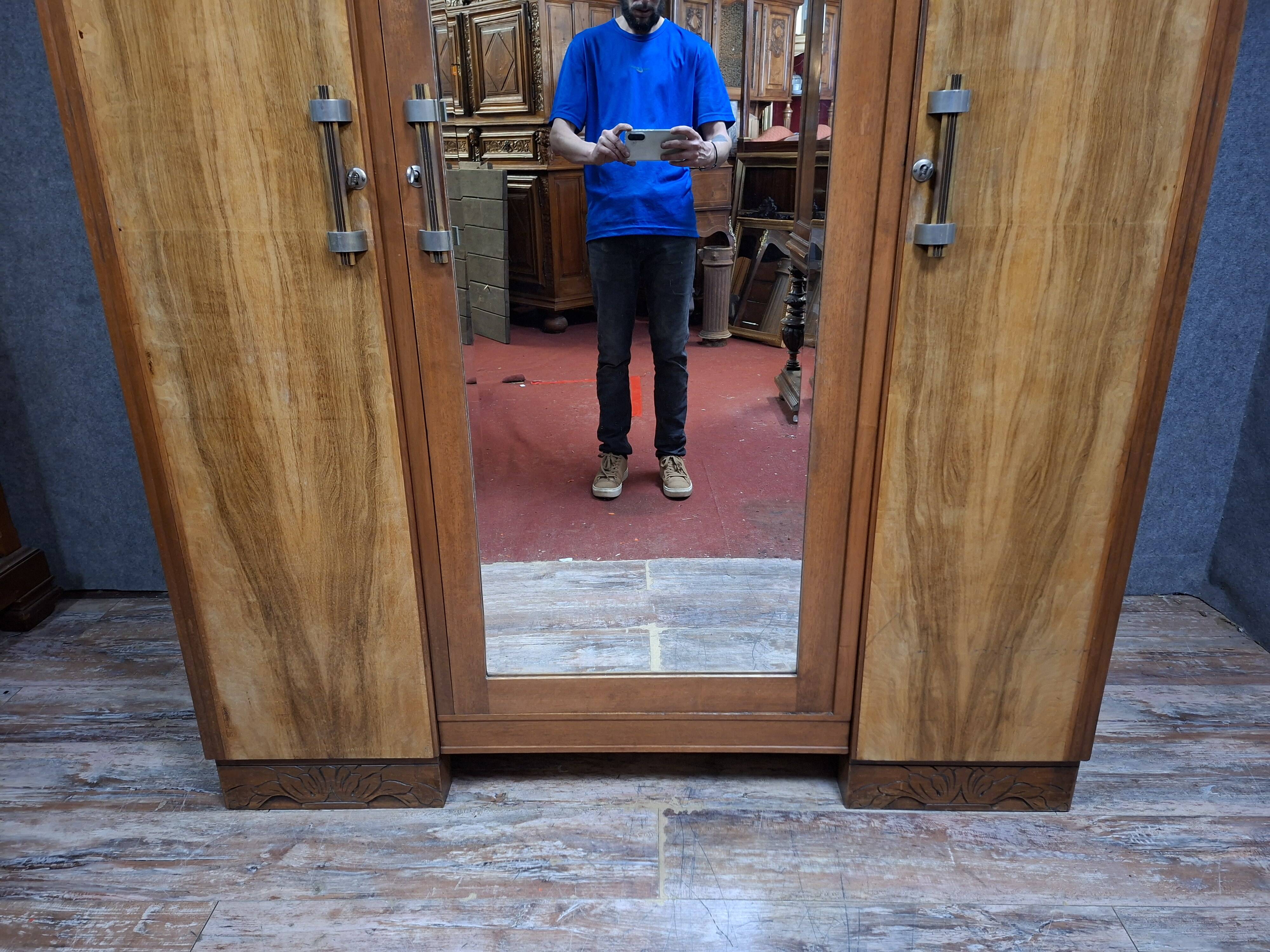 three-door wardrobe in fruitwood veneer, Art Deco style