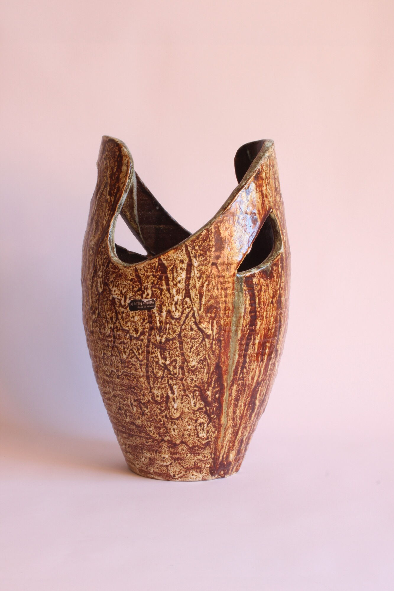 Freeform open worked vase by "Les potiers d'Accolay", France 1970s.