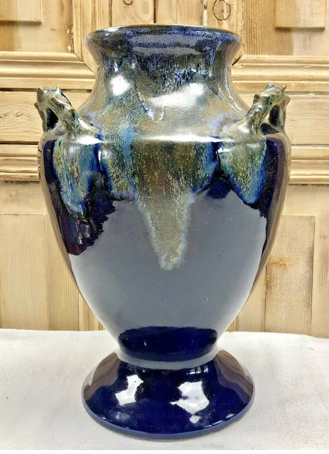 Old large sandstone vase signed Maure Lebret de Ligers Puisaye triple handles