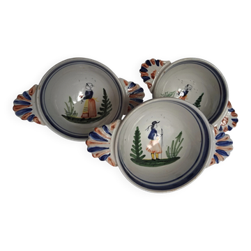 Set of three antique earthenware bowls from HB Quimper, signed.