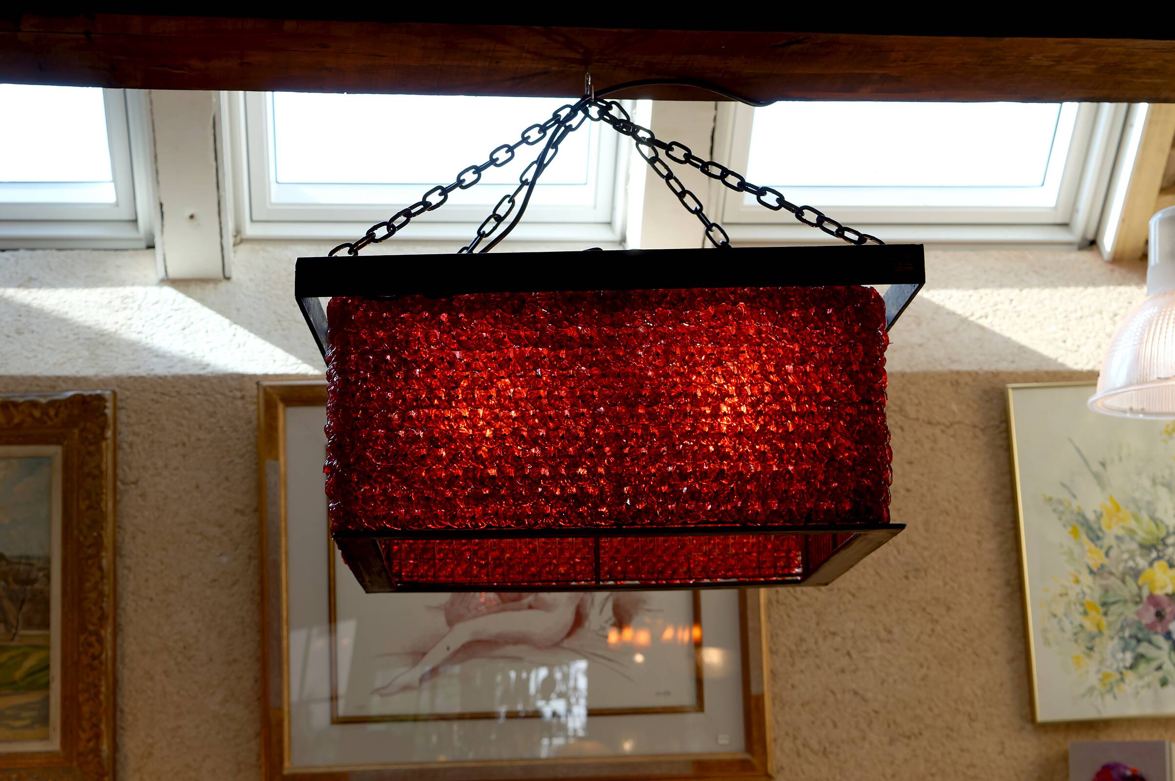 Important Red Glass Bead Chandelier, Murano, Brutalism, c. 1970