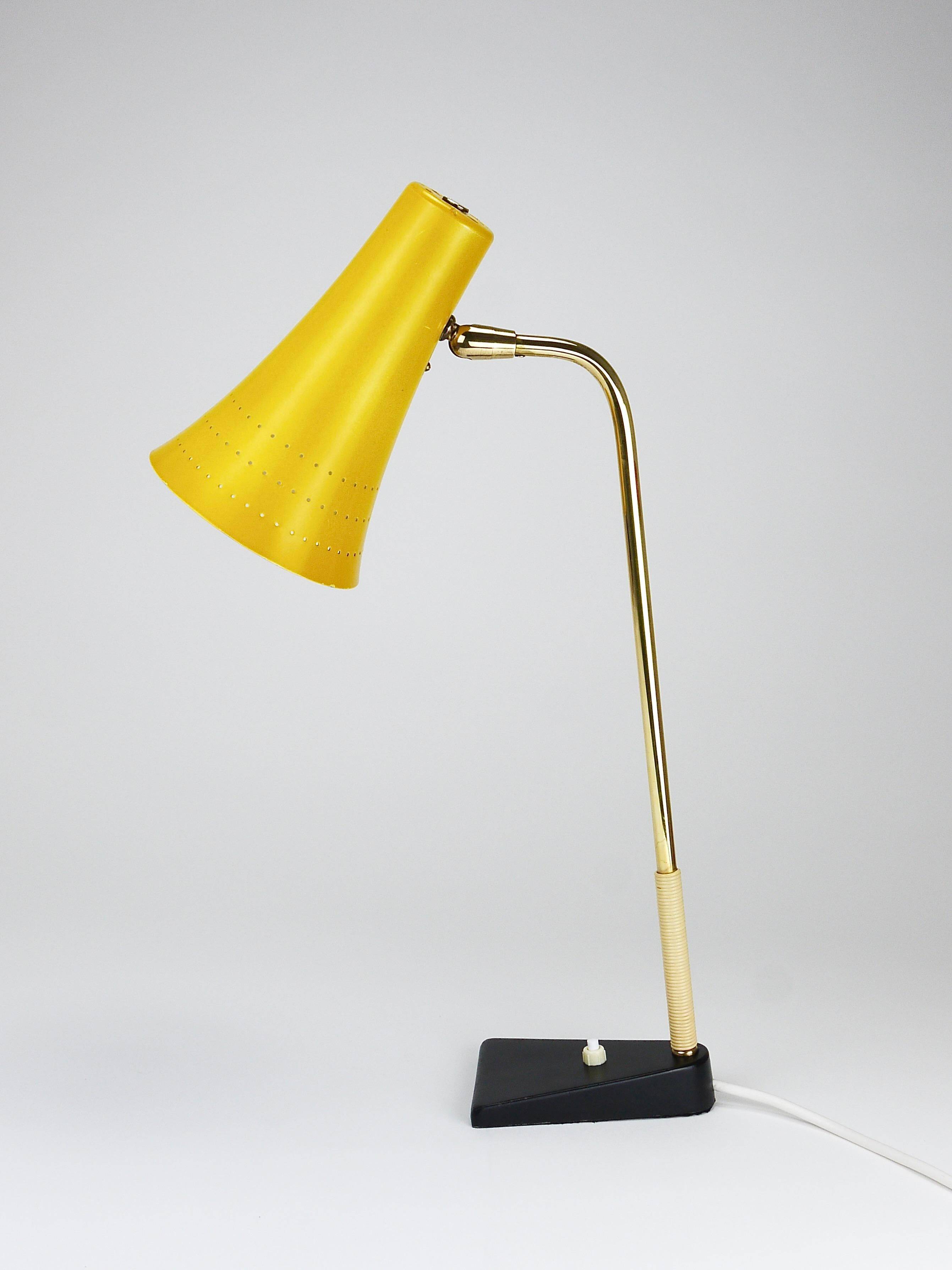 Yellow desk, table or accent lamp by J.T. Kalmar, brass and iron, Vienna, Austria, 1950s.