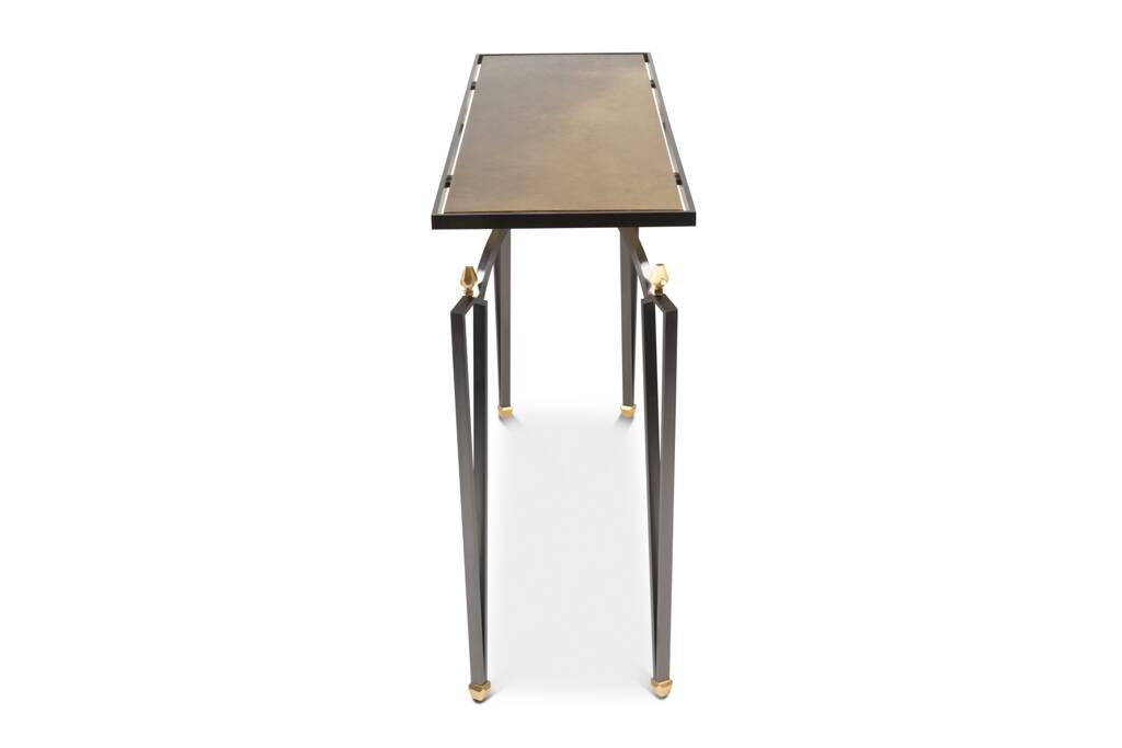 Rectangular console in steel and brass. Contemporary work.