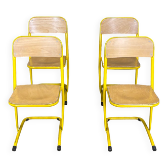 Set of 4 vintage school chairs in wood and yellow steel France