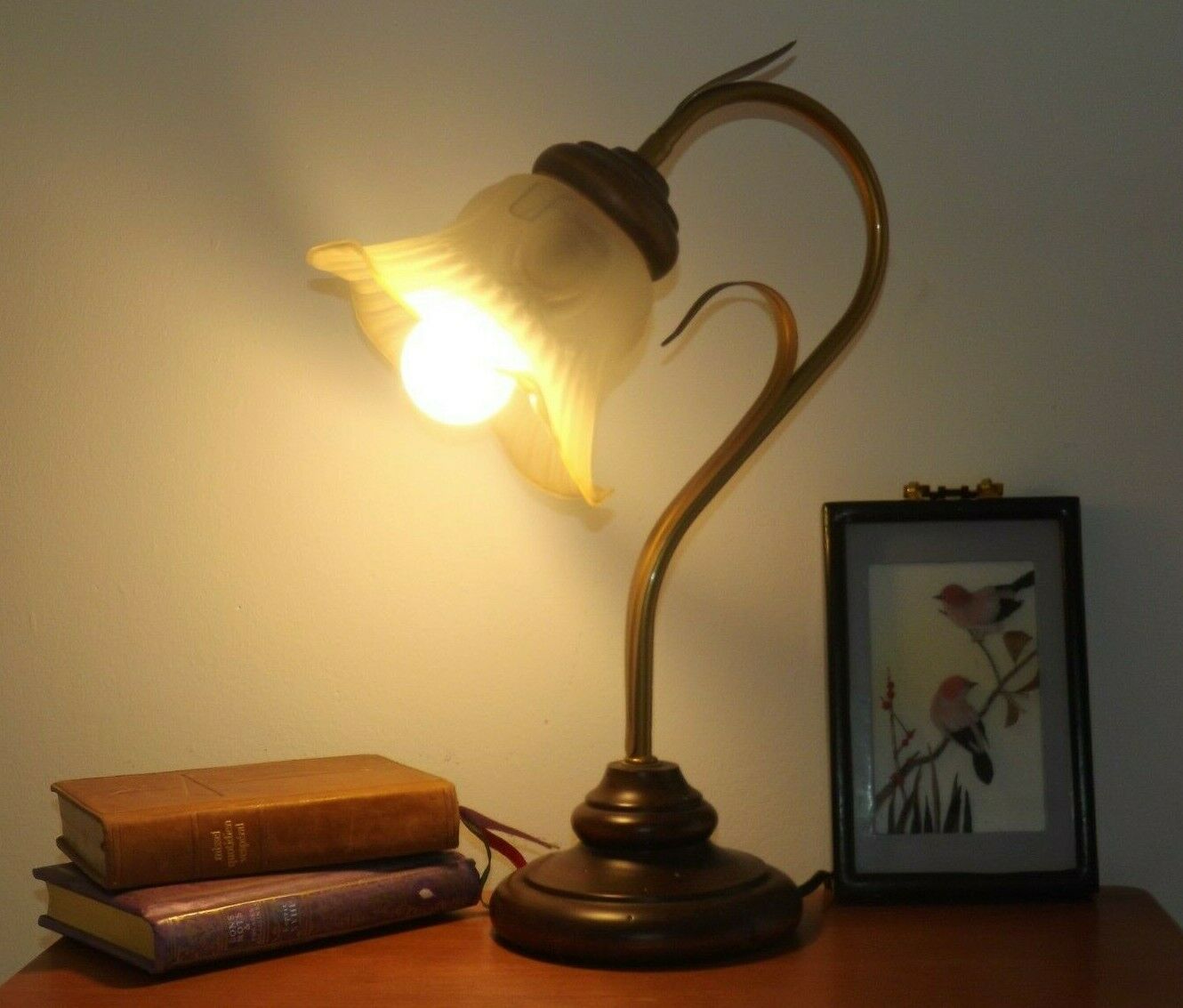 French vintage gold coloured metal & wood table lamp decorative glass shade